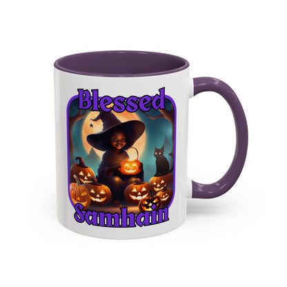 Blessed Samhain Cute Witch Purple font White Accent Mug by CreepyCrafts.boo