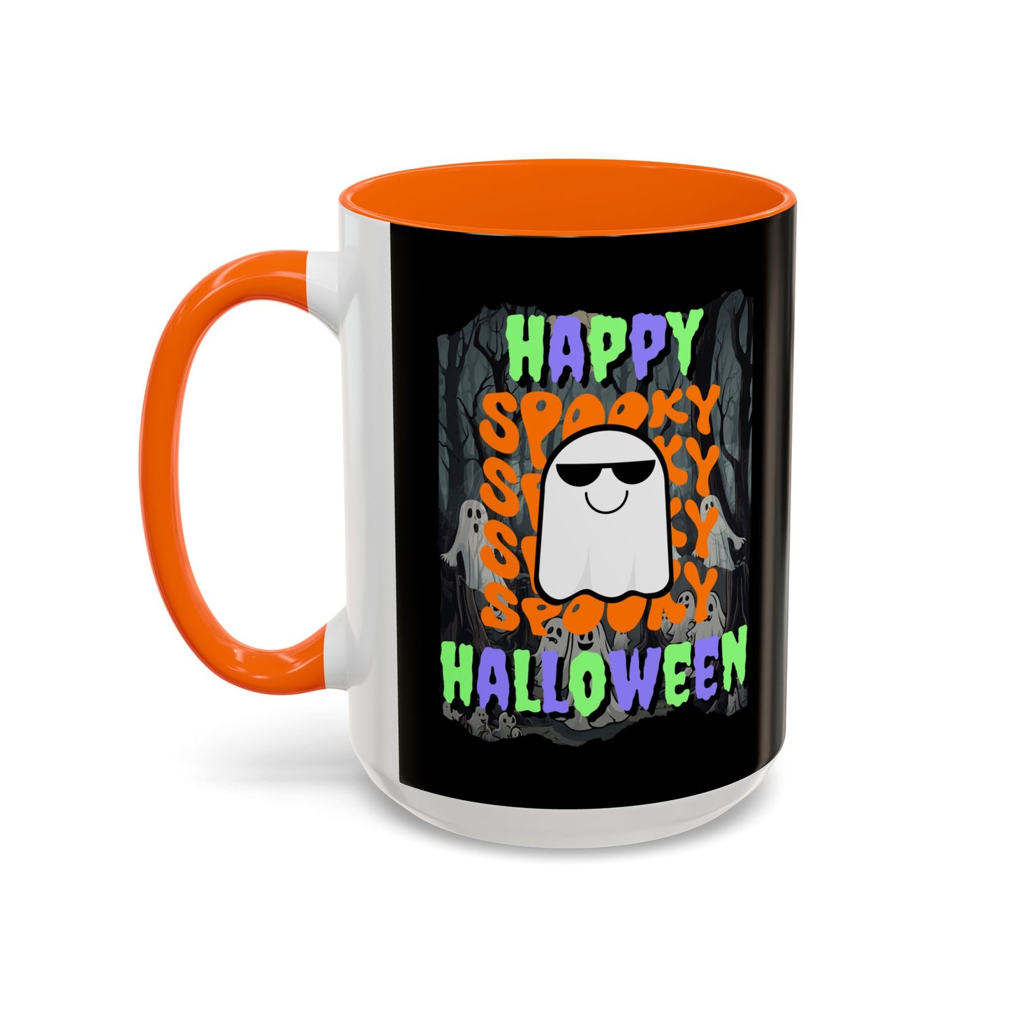 Spooky Happy Halloween Ghost Mixed font Black Accent Mug by CreepyCrafts.boo