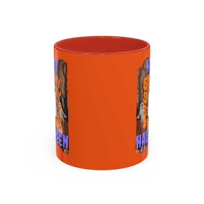 Spooky Happy Halloween Ghost Purple font Orange Accent Mug by CreepyCrafts.boo