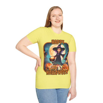 Happy Halloween Little Witch Orange font, Light colors, Unisex T-Shirt by CreepyCrafts.boo