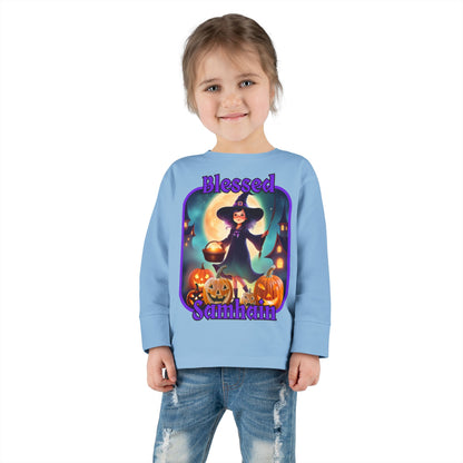 Blessed Samhain Little Witch Purple font Toddler Long Sleeve Tee by CreepyCrafts.boo