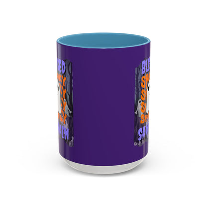 Spooky Blessed Samhain Ghost Purple font Accent Mug by CreepyCrafts.boo