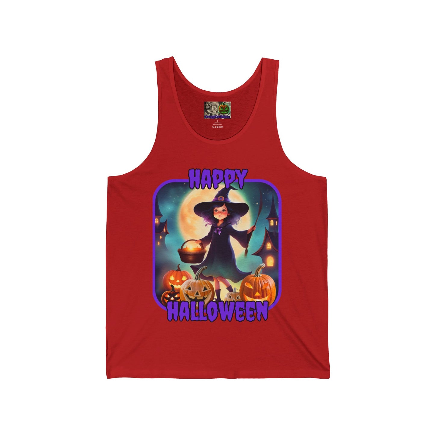 Happy Halloween Little Witch Purple font Unisex Jersey Tank Top by CreepyCrafts.boo