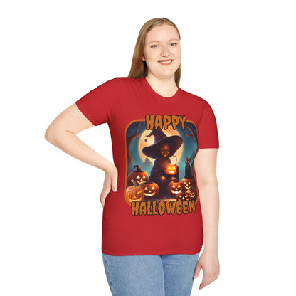 Happy Halloween Cute Witch Orange font, Light colors, Unisex T-Shirt by CreepyCrafts.boo