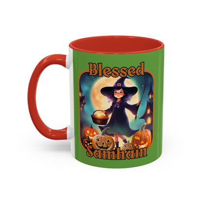 Blessed Samhain Little Witch Orange font Green Accent Mug by CreepyCrafts.boo