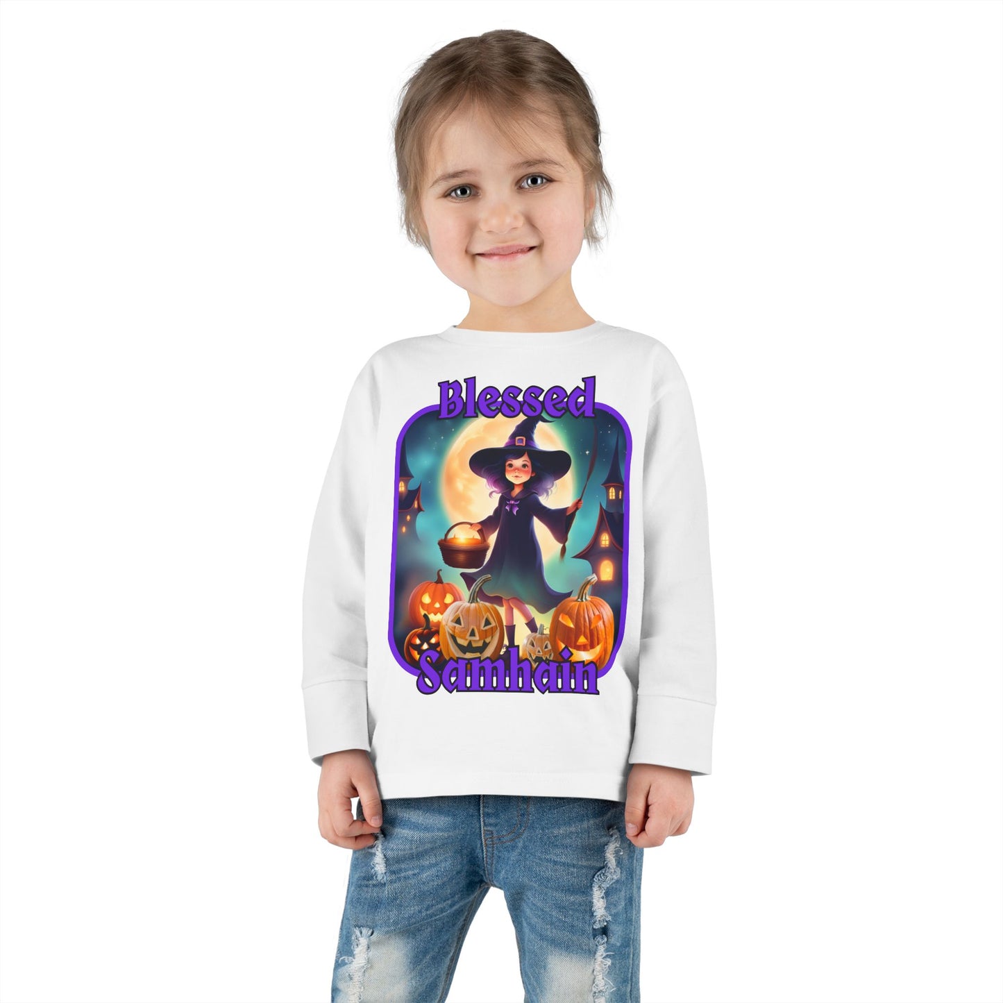 Blessed Samhain Little Witch Purple font Toddler Long Sleeve Tee by CreepyCrafts.boo