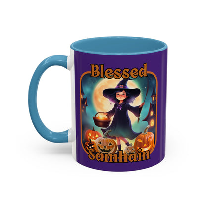 Blessed Samhain Little Witch Orange font Purple Accent Mug by CreepyCrafts.boo