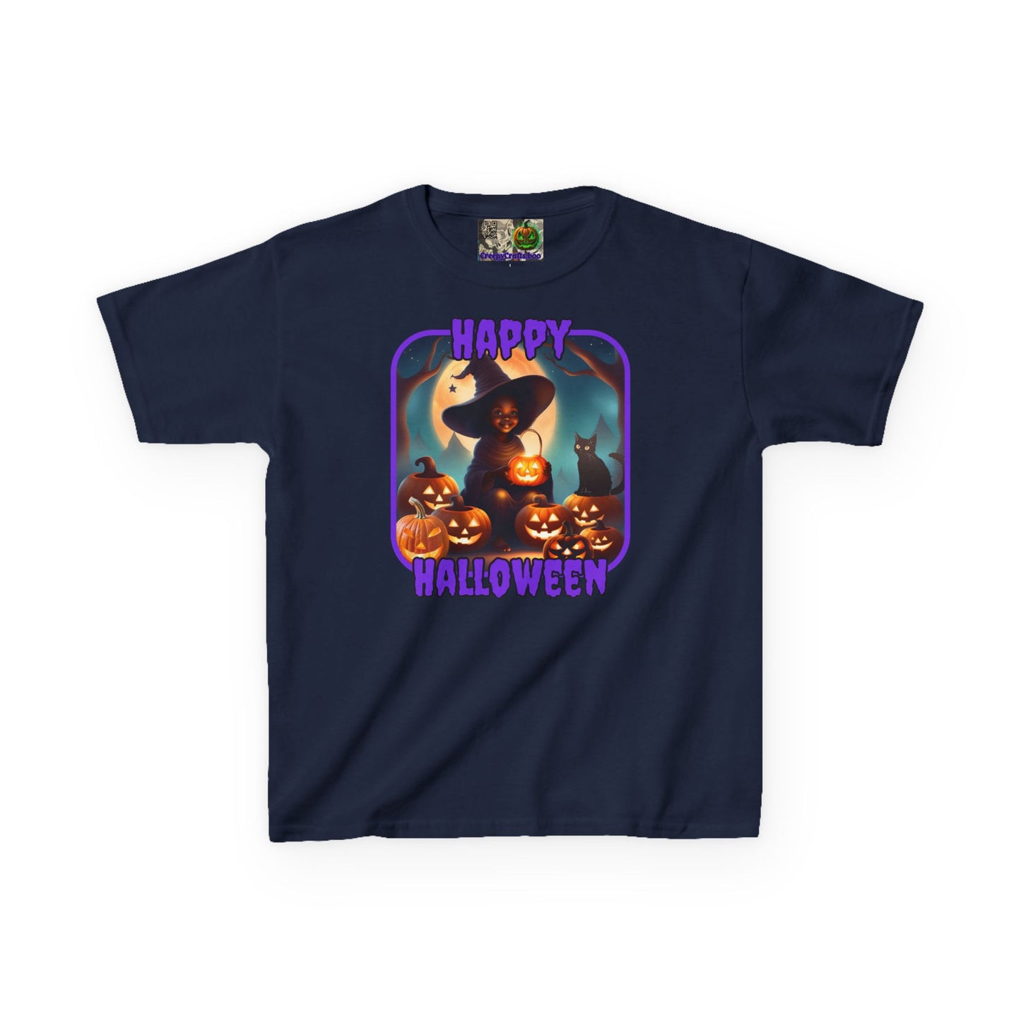 Happy Halloween Cute Witch Purple font Kids Heavy Cotton™ Tee by CreepyCrafts.boo
