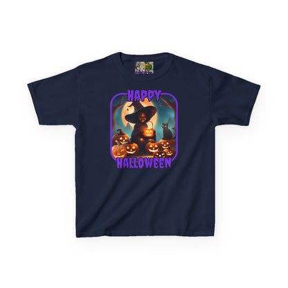 Happy Halloween Cute Witch Purple font Kids Heavy Cotton™ Tee by CreepyCrafts.boo