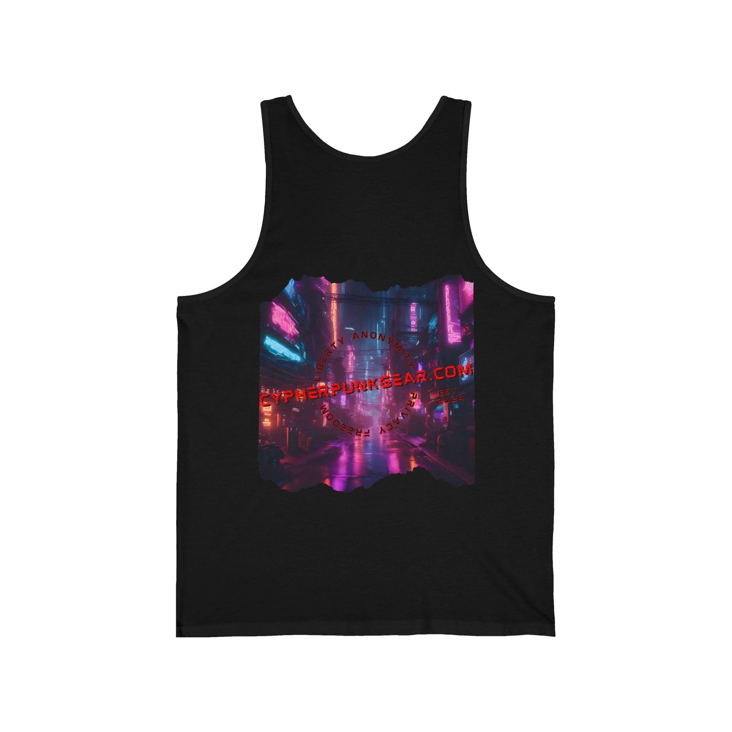 2-sided, cypherpunkgear.com Logo & Cityscape Unisex Jersey Tank Top by cypherpunkgear.com