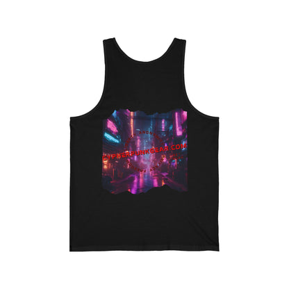 2-sided, cypherpunkgear.com Logo & Cityscape Unisex Jersey Tank Top by cypherpunkgear.com