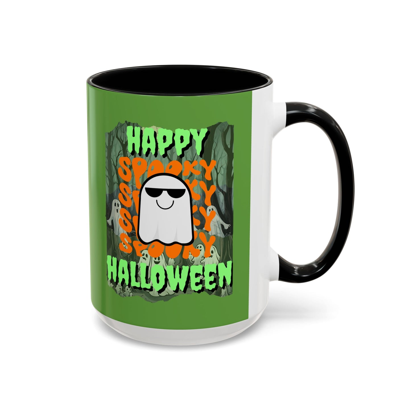 Spooky Happy Halloween Ghost Green font Green Accent Mug by CreepyCrafts.boo