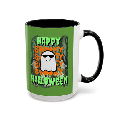 Spooky Happy Halloween Ghost Green font Green Accent Mug by CreepyCrafts.boo