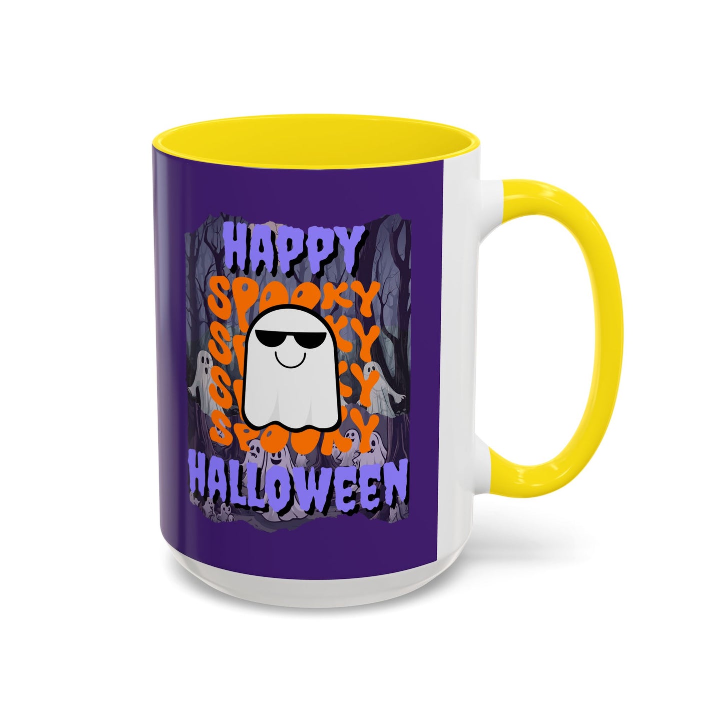 Spooky Happy Halloween Ghost Purple font Purple Accent Mug by CreepyCrafts.boo