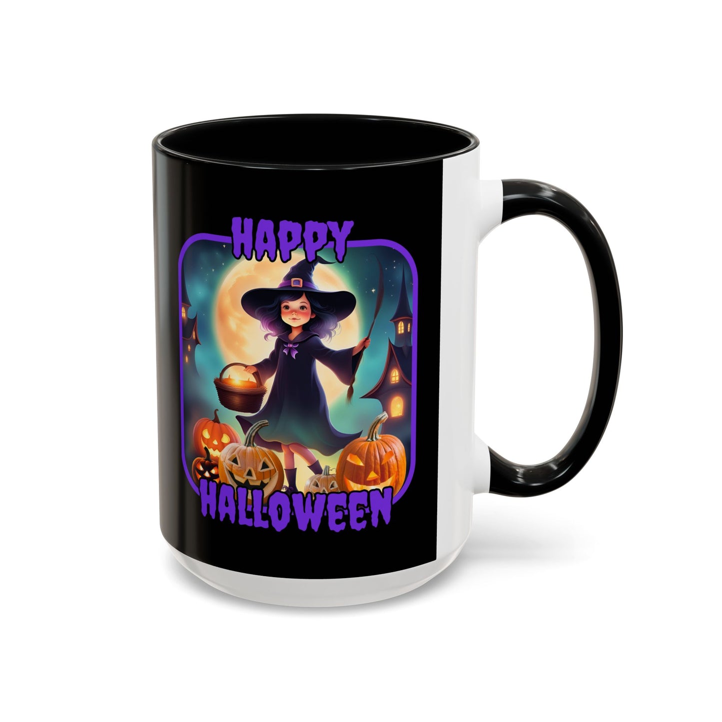 Happy Halloween Little Witch Purple font Black Accent Mug by CreepyCrafts.boo