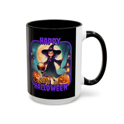 Happy Halloween Little Witch Purple font Black Accent Mug by CreepyCrafts.boo