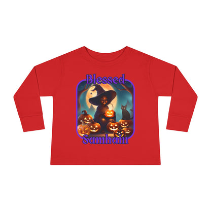 Blessed Samhain Cute Witch Purple font Toddler Long Sleeve Tee by CreepyCrafts.boo
