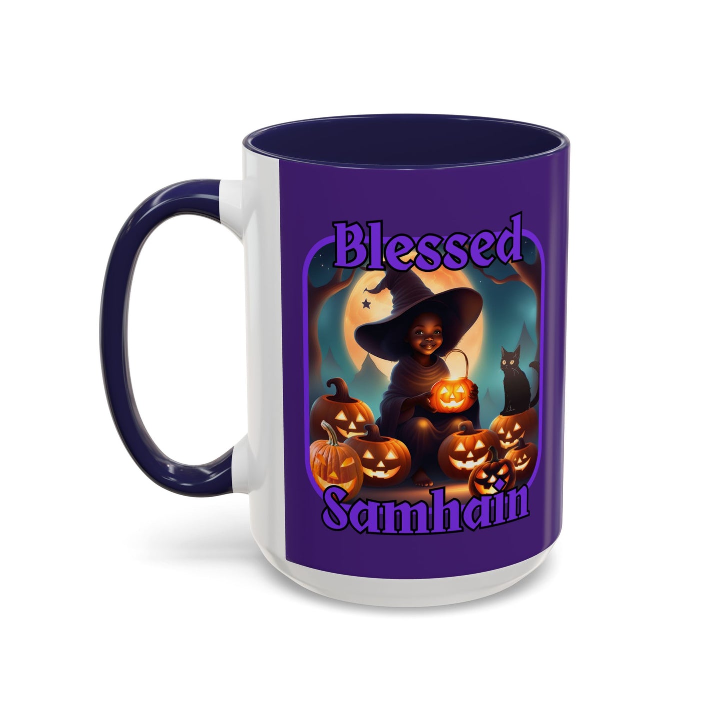 Blessed Samhain Cute Witch Purple font Purple Accent Mug by CreepyCrafts.boo