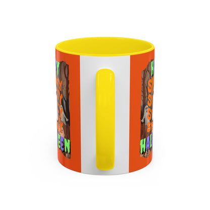 Spooky Happy Halloween Ghost Mixed font Orange Accent Mug by CreepyCrafts.boo