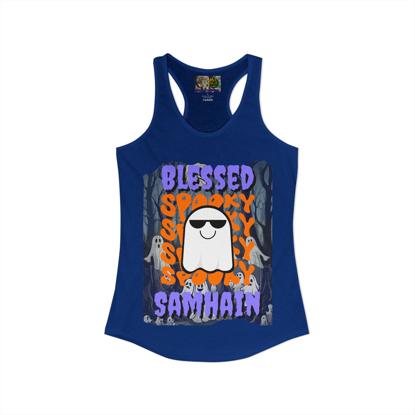 Spooky Blessed Samhain Ghost Purple font Women's Racerback Tank Top by CreepyCrafts.boo