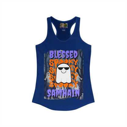 Spooky Blessed Samhain Ghost Purple font Women's Racerback Tank Top by CreepyCrafts.boo