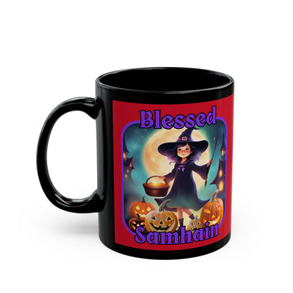 Blessed Samhain Little Witch Purple font Red Mug by CreepyCrafts.boo