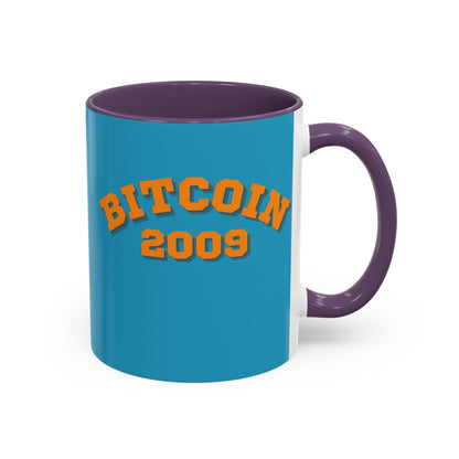 Bitcoin 2009 Turquoise Accent Mug by cypherpunkgear.com