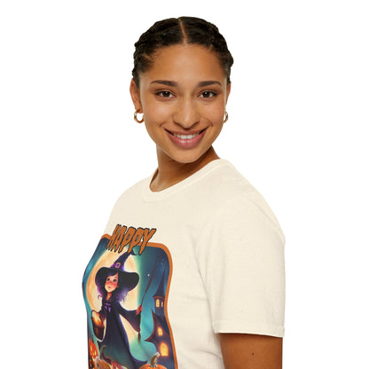 Happy Halloween Little Witch Orange font, Light colors, Unisex T-Shirt by CreepyCrafts.boo