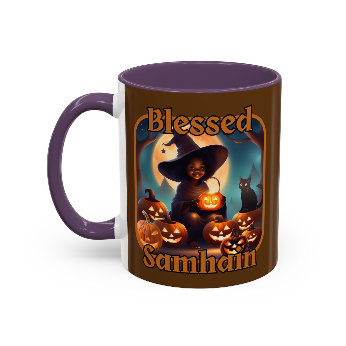 Blessed Samhain Cute Witch Orange font Brown Accent Mug by CreepyCrafts.boo