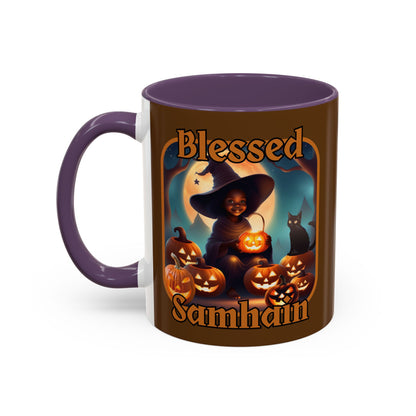 Blessed Samhain Cute Witch Orange font Brown Accent Mug by CreepyCrafts.boo