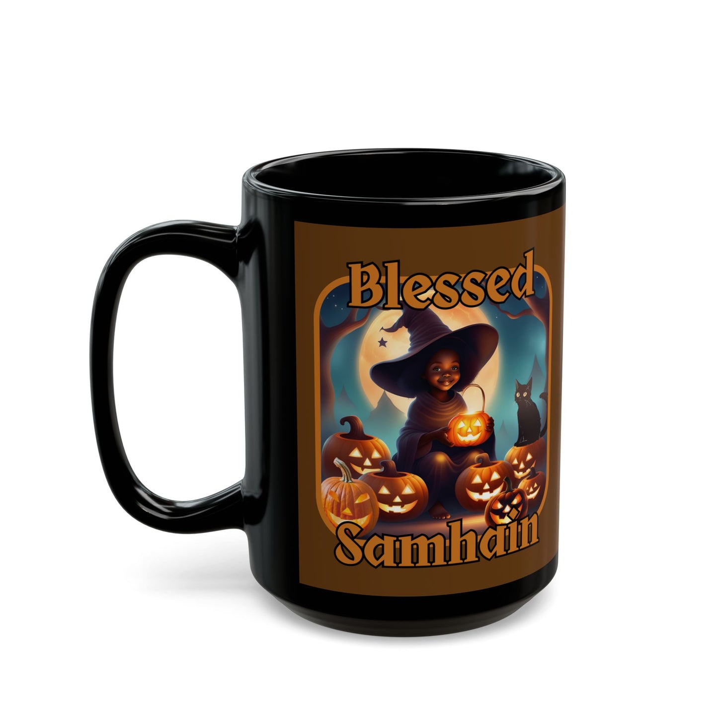 Blessed Samhain Cute Witch Orange font Brown Mug by CreepyCrafts.boo