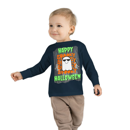 Spooky Happy Halloween Ghost Green font Toddler Long Sleeve Tee by CreepyCrafts.boo