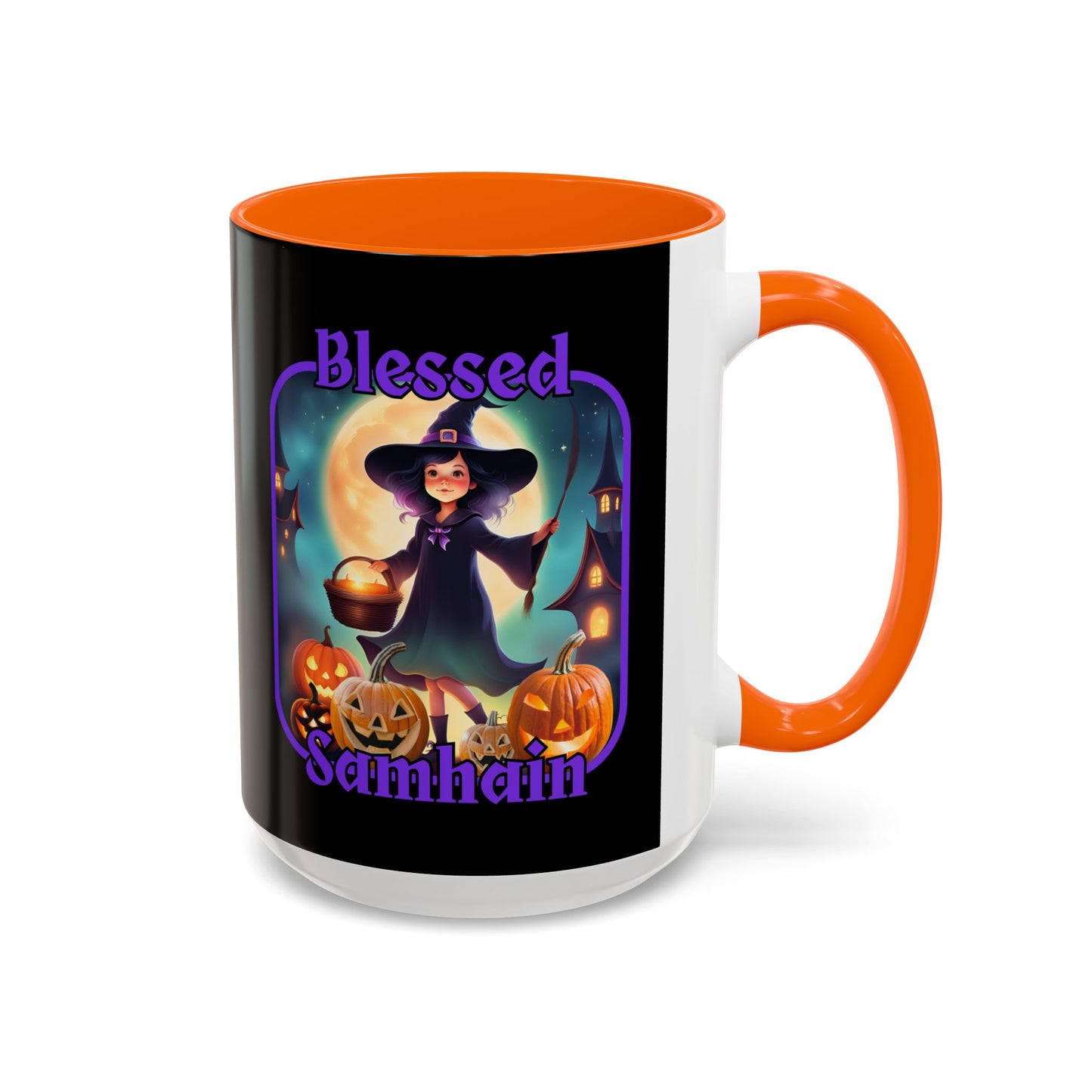 Blessed Samhain Little Witch Purple font Black Accent Mug by CreepyCrafts.boo