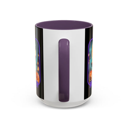 Happy Halloween Little Witch Purple font Black Accent Mug by CreepyCrafts.boo