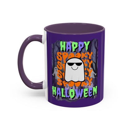 Spooky Happy Halloween Ghost Mixed font Purple Accent Mug by CreepyCrafts.boo