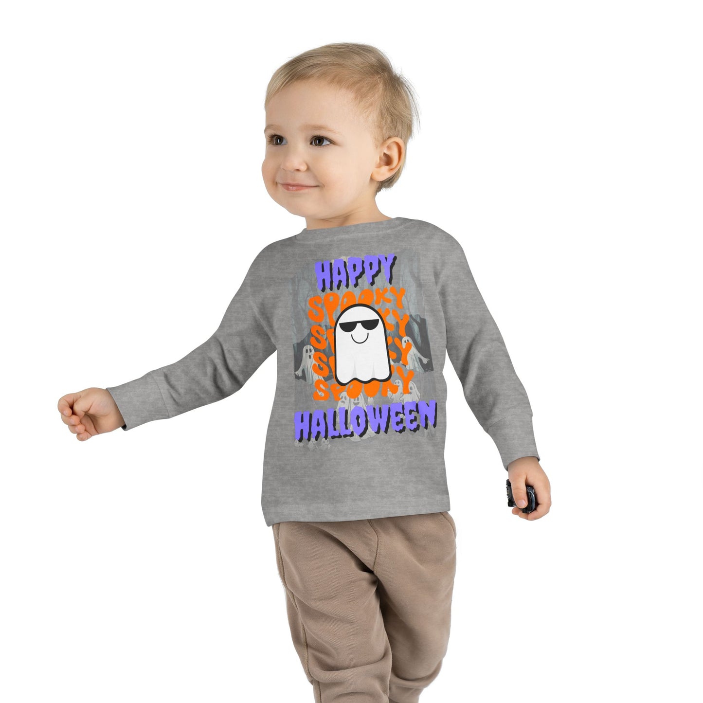 Spooky Happy Halloween Ghost Purple font Toddler Long Sleeve Tee by CreepyCrafts.boo