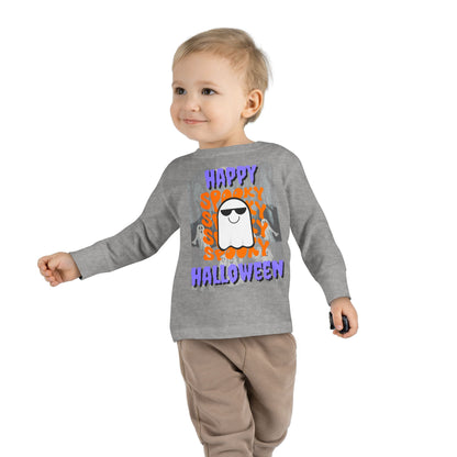 Spooky Happy Halloween Ghost Purple font Toddler Long Sleeve Tee by CreepyCrafts.boo