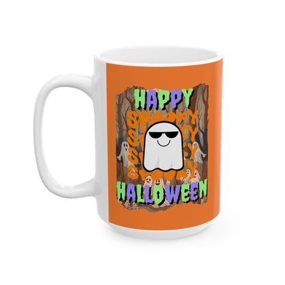 Spooky Happy Halloween Ghost MXfont Orange Mug by cypherpunkgear