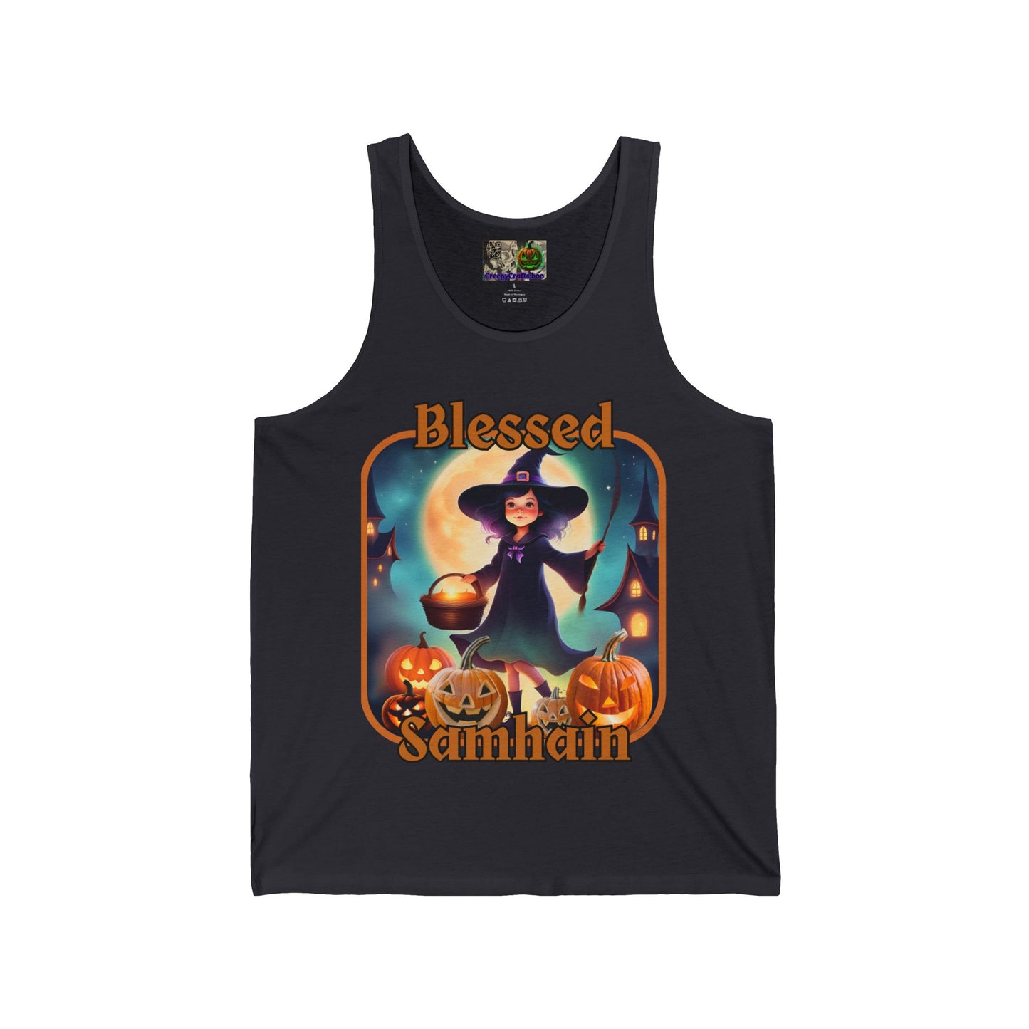 Blessed Samhain Little Witch Orange font Unisex Jersey Tank Top by CreepyCrafts.boo