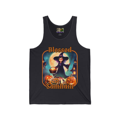 Blessed Samhain Little Witch Orange font Unisex Jersey Tank Top by CreepyCrafts.boo