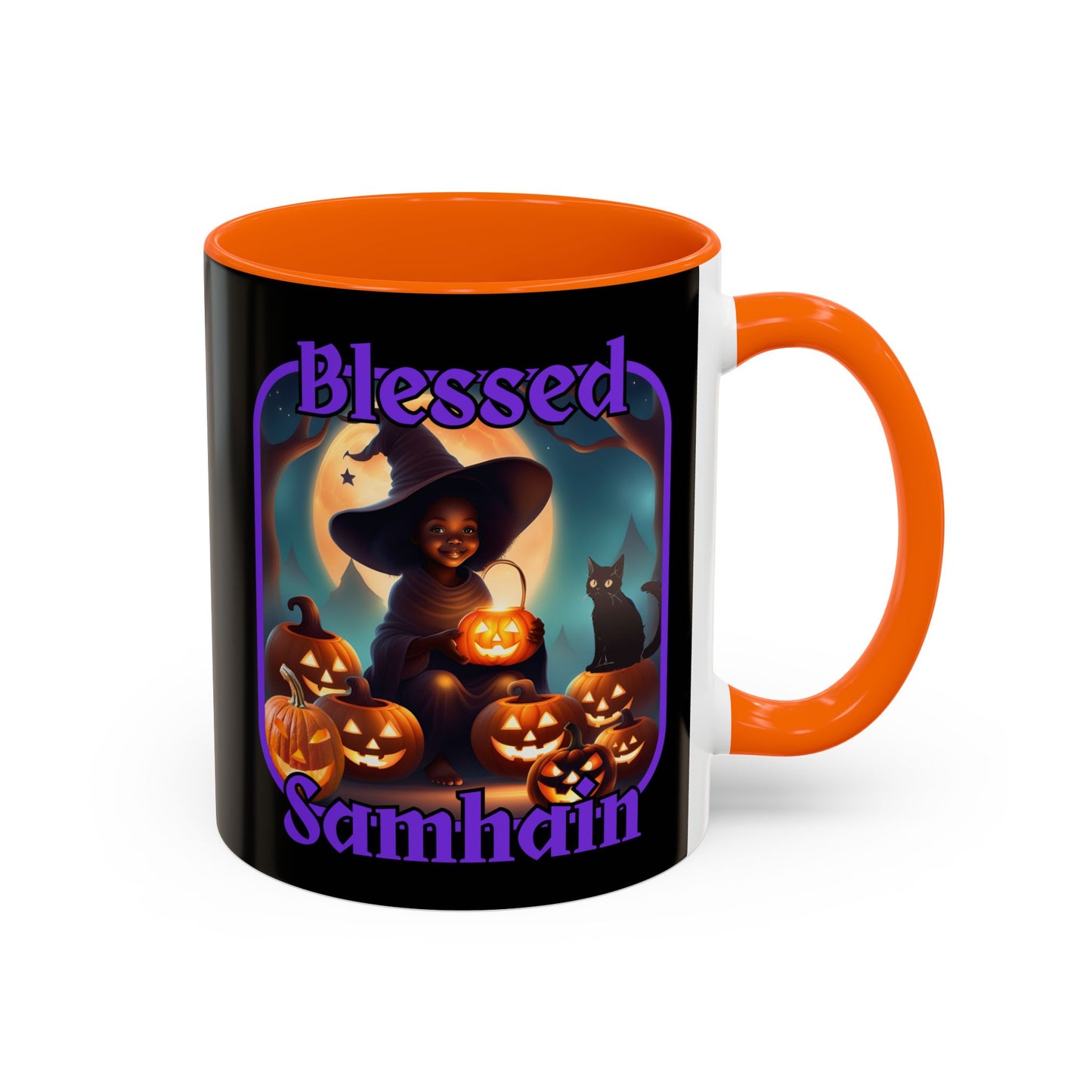 Blessed Samhain Cute Witch Purple font Black Accent Mug by CreepyCrafts.boo