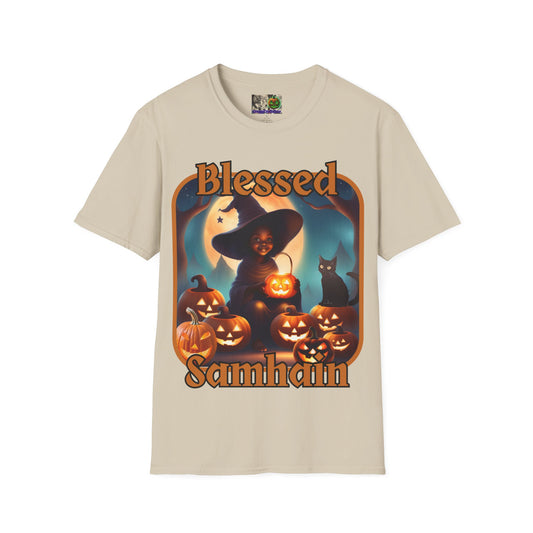 Blessed Samhain Cute Witch Orange font Light colors Unisex T-Shirt by CreepyCrafts.boo