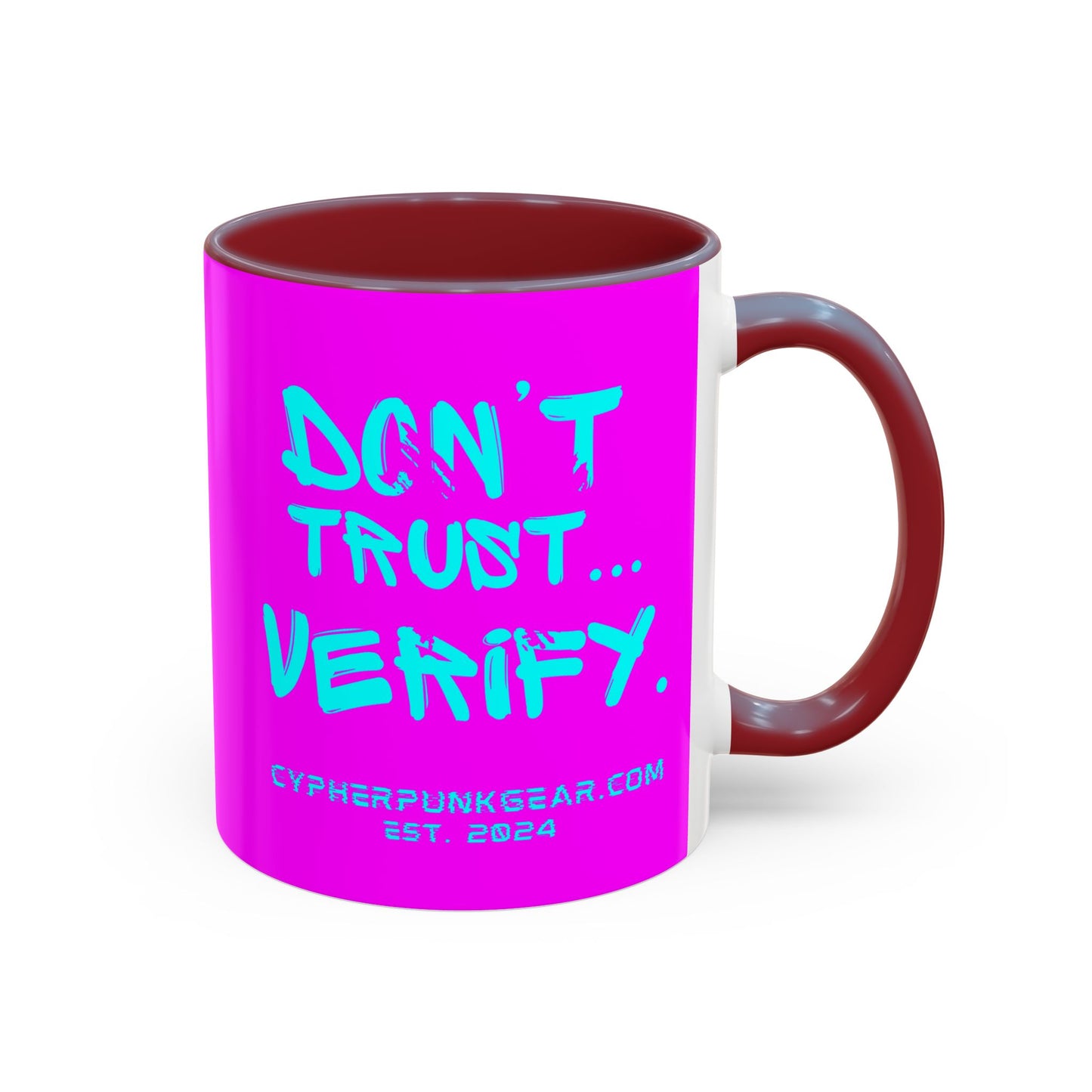 Don't Trust...Verify. Electric Magenta Accent Mug by cypherpunkgear.com