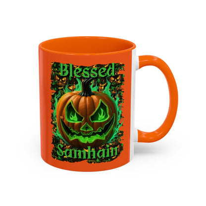 Blessed Samhain Green Jack Orange Accent Mug by CreepyCrafts.boo