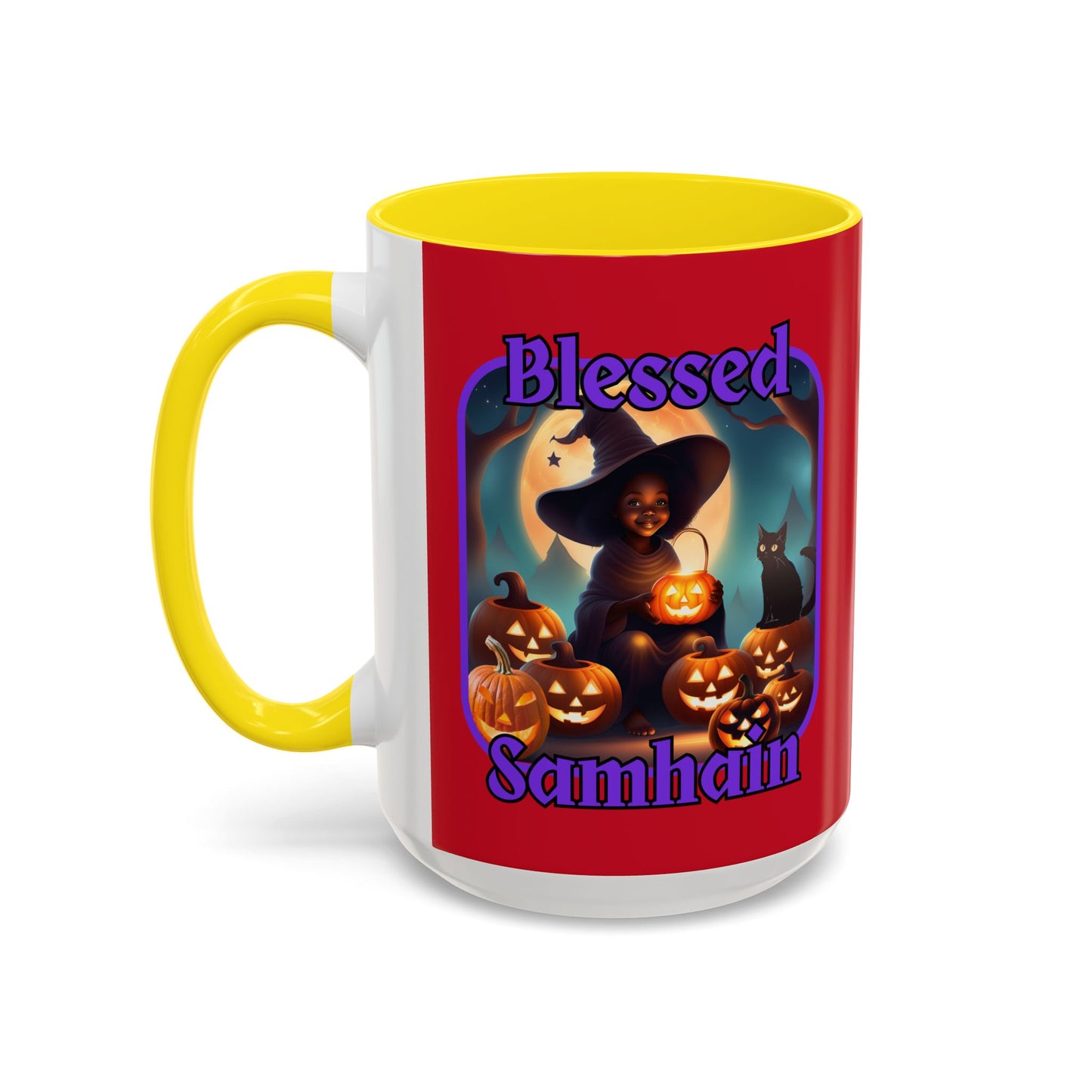 Blessed Samhain Cute Witch Purple font Red Accent Mug by CreepyCrafts.boo