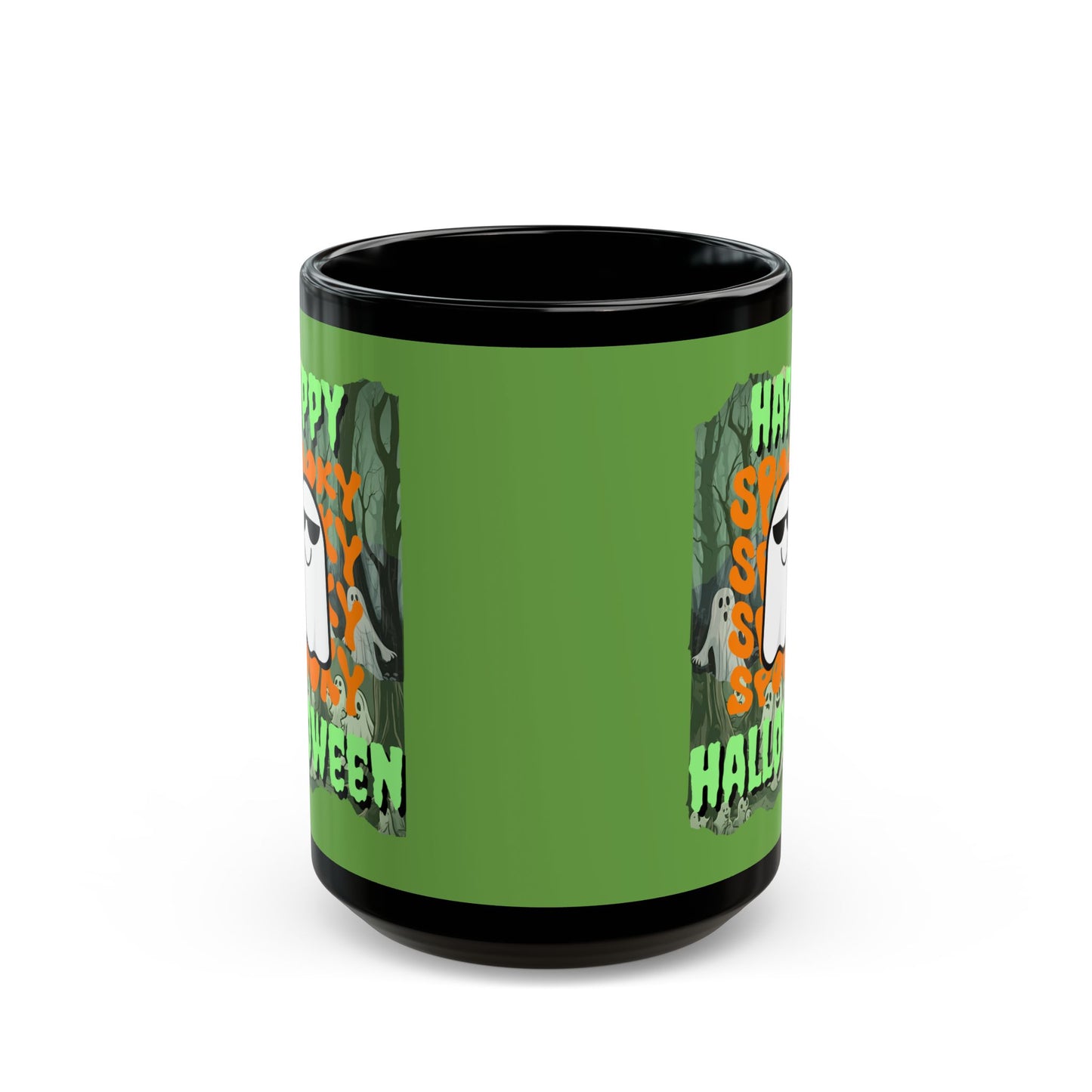 Spooky Happy Halloween Ghost Green font Green Mug by CreepyCrafts.boo