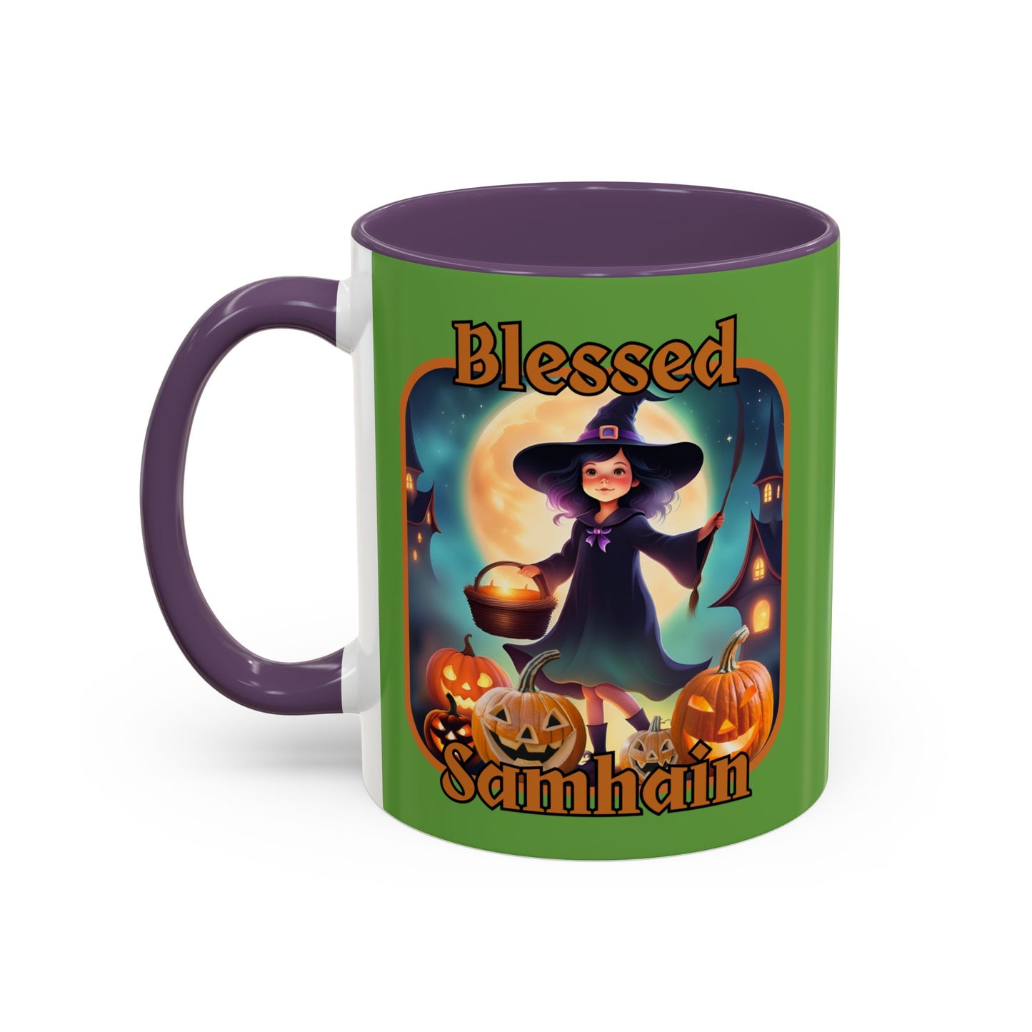 Blessed Samhain Little Witch Orange font Green Accent Mug by CreepyCrafts.boo