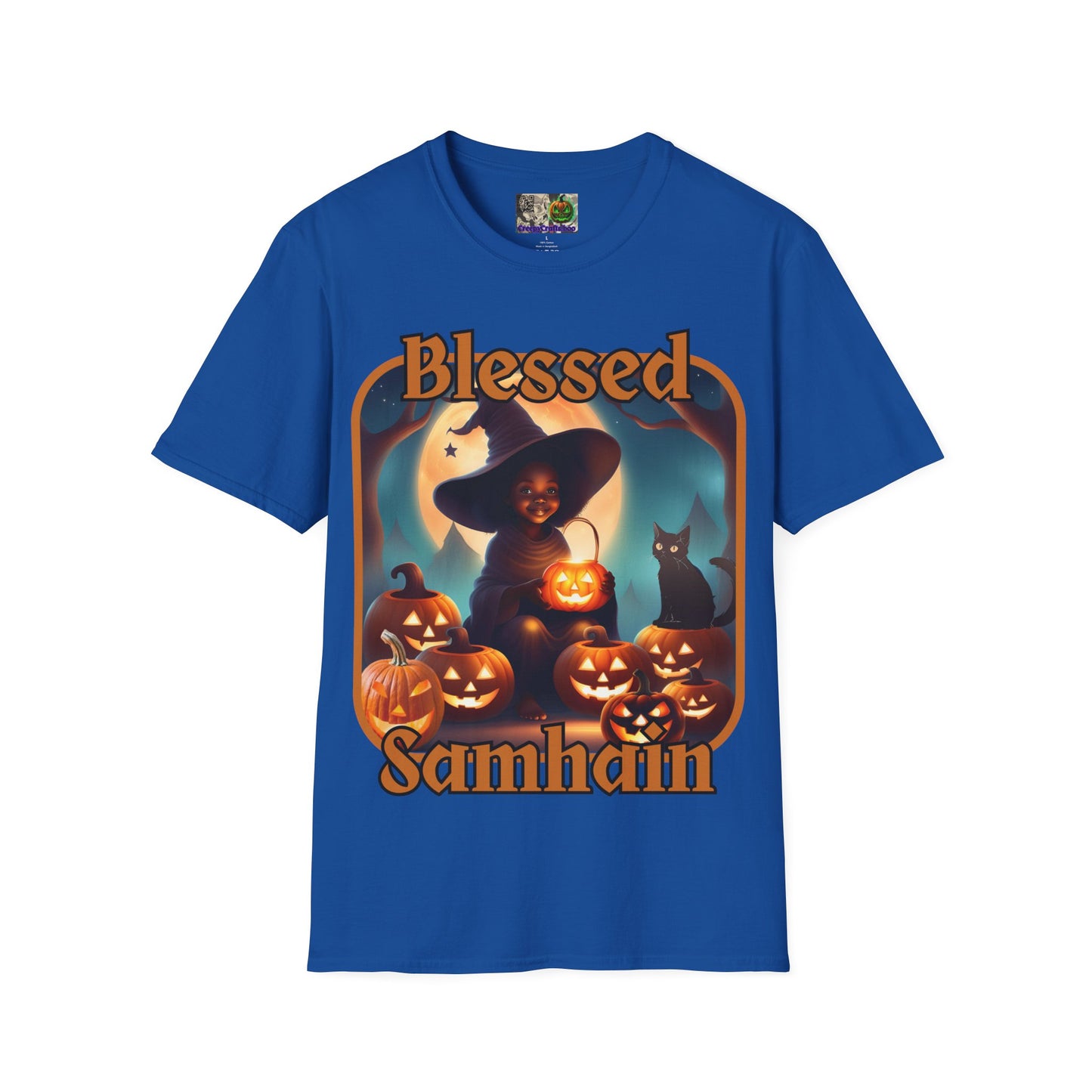 Blessed Samhain Cute Witch Orange font Dark colors Unisex T-Shirt by CreepyCrafts.boo