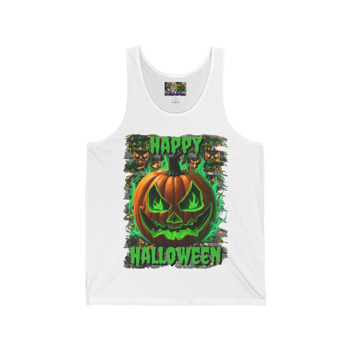 Happy Halloween Green Jack Unisex Jersey Tank Top by CreepyCrafts.boo