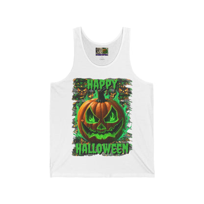 Happy Halloween Green Jack Unisex Jersey Tank Top by CreepyCrafts.boo